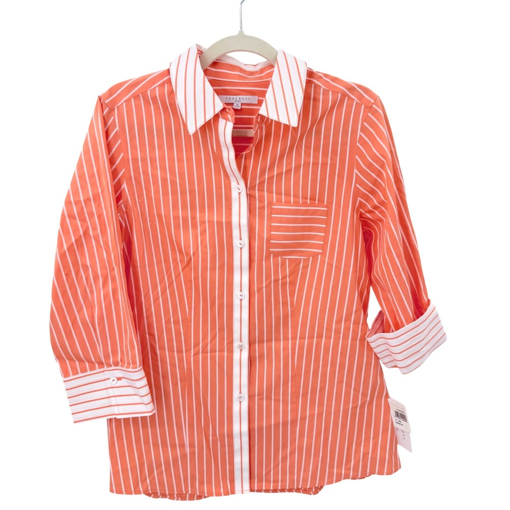 Foxcroft Womens 10 Non Iron Fitted Striped 3/4 Sleeve Button Down Shirt Orange